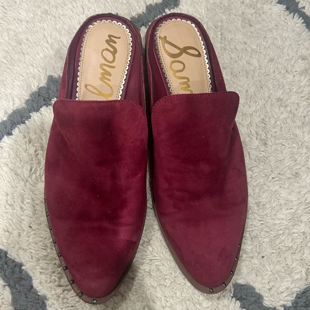 Sam Edelman Wine Suede Leather Pointed Mules with Stud Trim - Picture 2 of 7